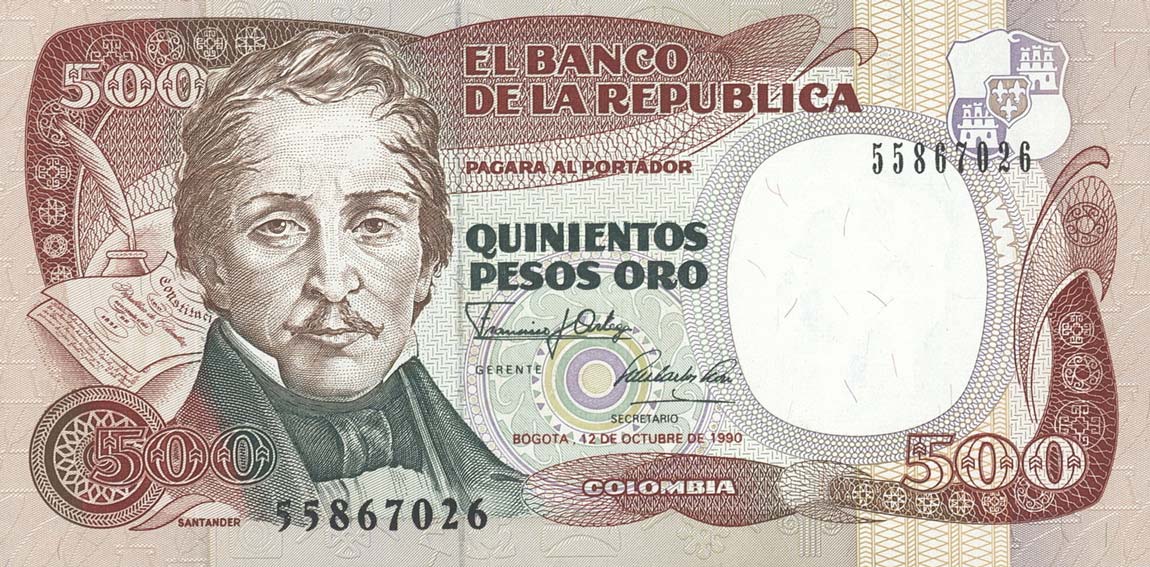 Front of Colombia p431: 500 Pesos Oro from 1986