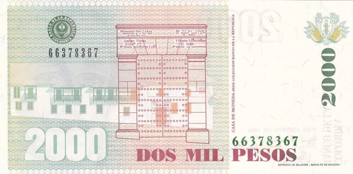 Back of Colombia p445d: 2000 Pesos from 1998