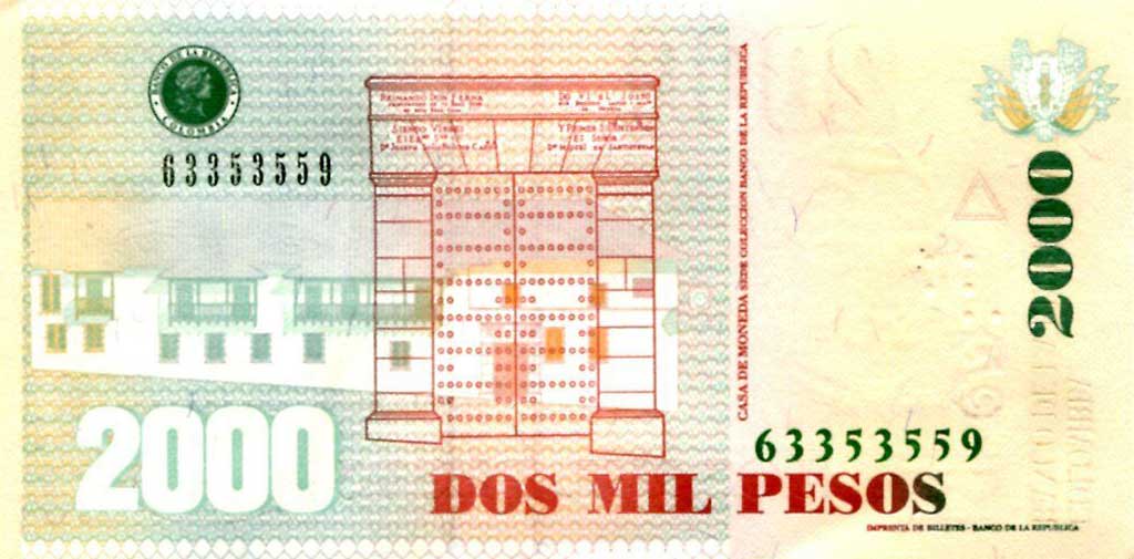 Back of Colombia p457s: 2000 Pesos from 2012