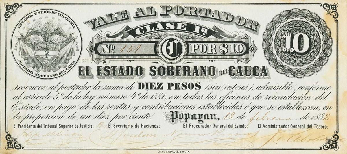 Front of Colombia pS143a: 10 Pesos from 1882