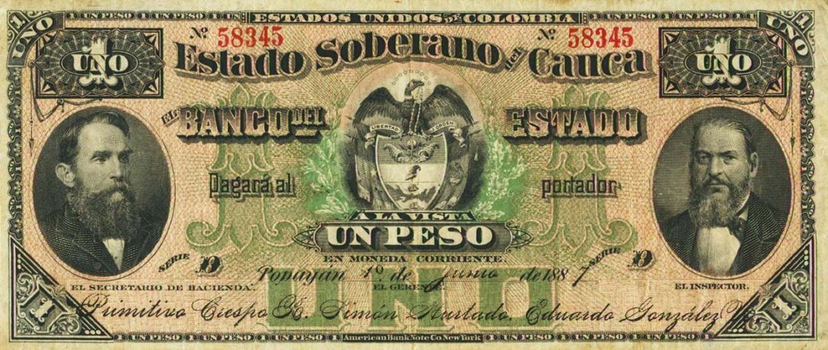 Front of Colombia pS449a: 1 Peso from 1887