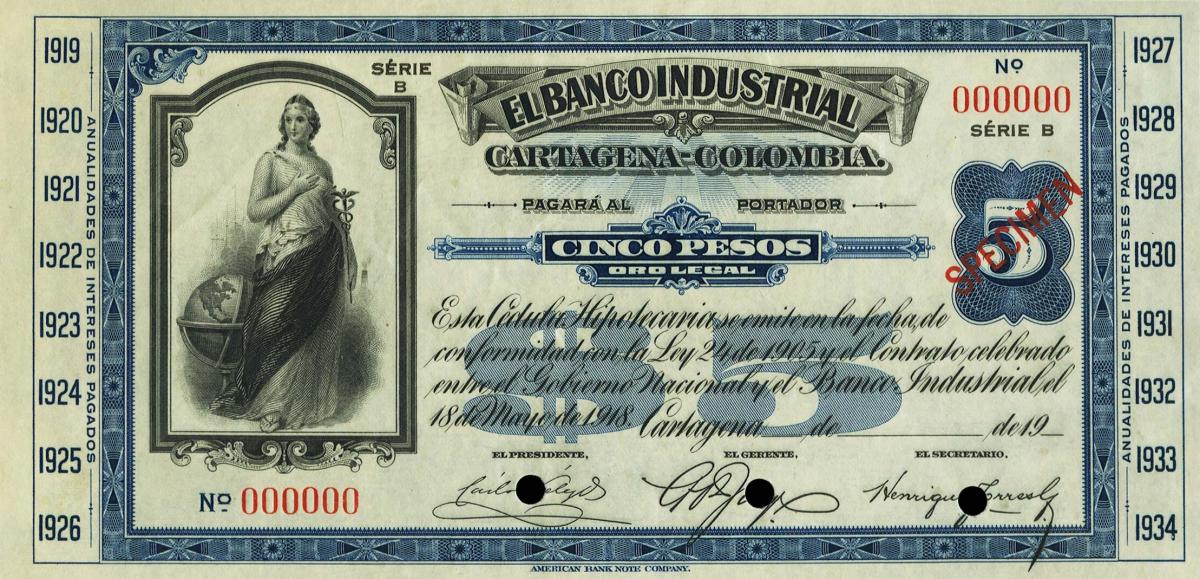 Front of Colombia pS553s: 5 Pesos from 1923
