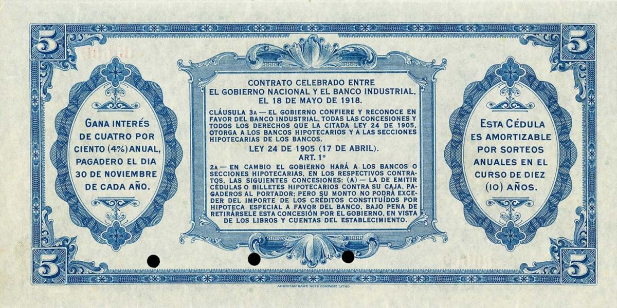 Back of Colombia pS556s: 5 Pesos from 1920