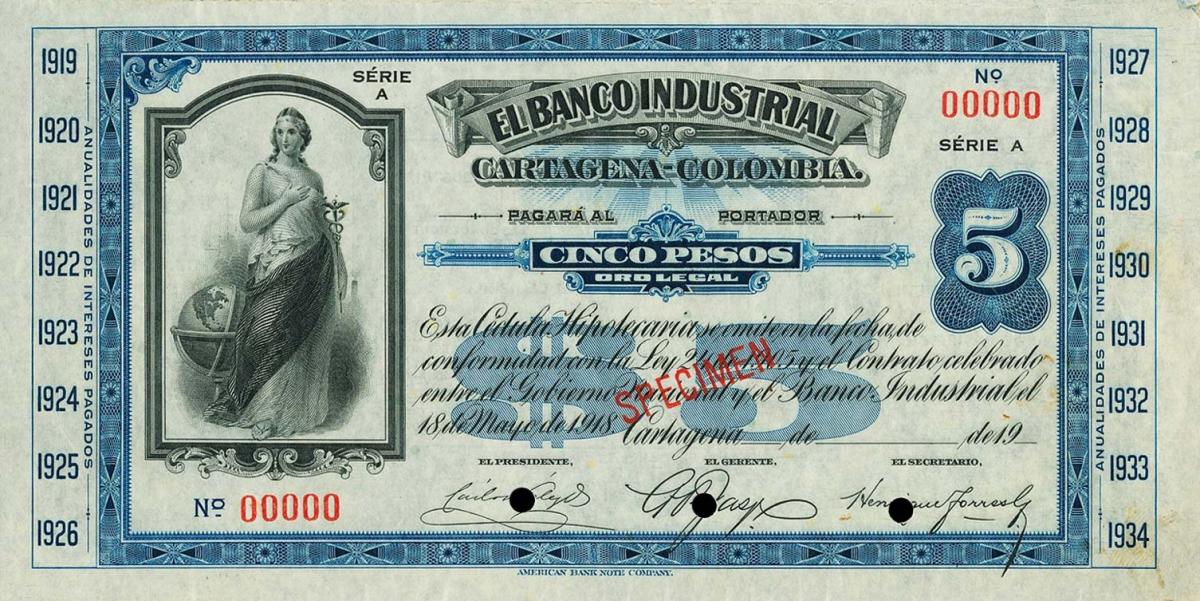 Front of Colombia pS556s: 5 Pesos from 1920