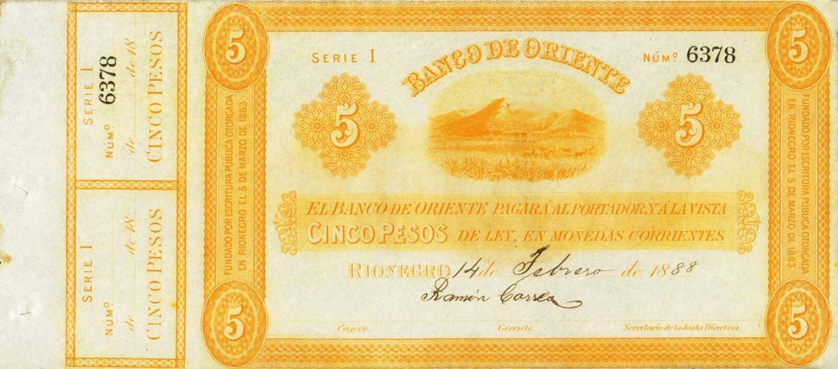 Front of Colombia pS698: 5 Pesos from 1884