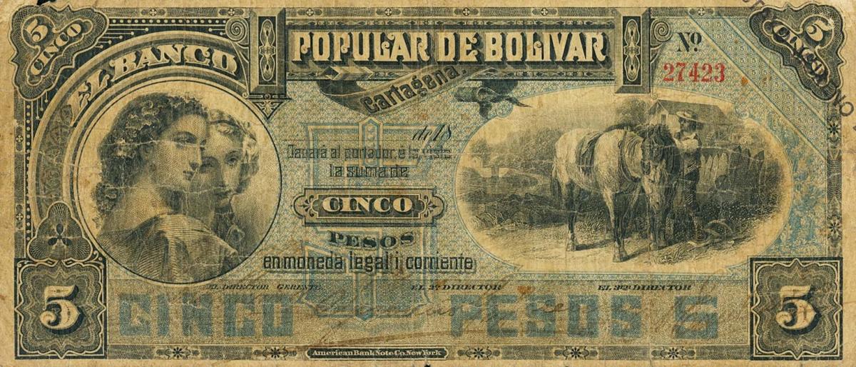 Front of Colombia pS762r: 5 Pesos from 1883