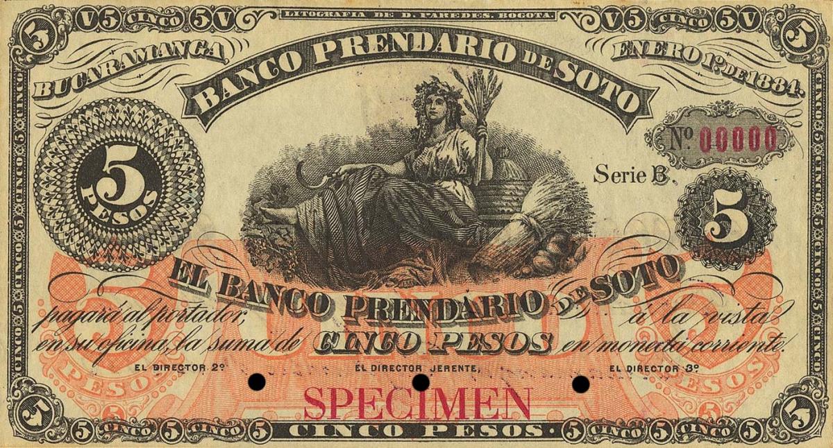 Front of Colombia pS796s: 5 Pesos from 1884