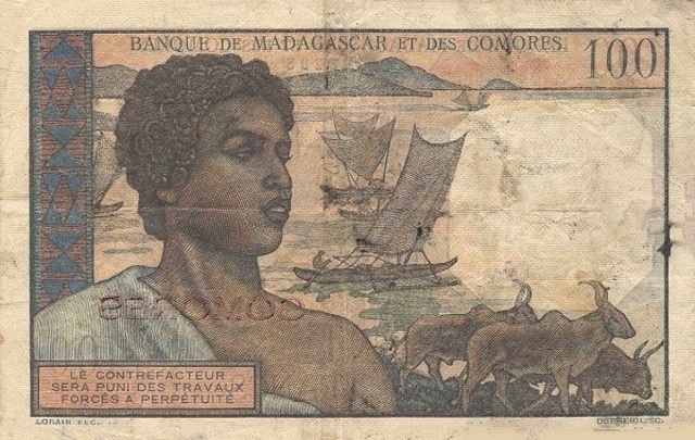 Back of Comoros p3a: 100 Francs from 1960