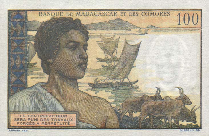 Back of Comoros p3b: 100 Francs from 1963