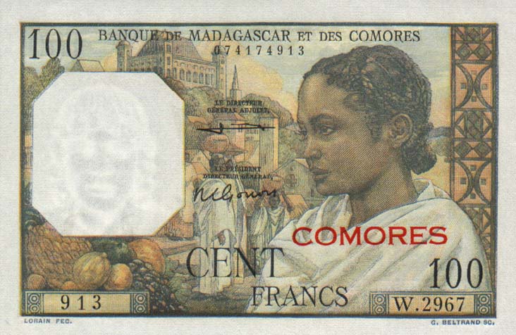 Front of Comoros p3b: 100 Francs from 1963