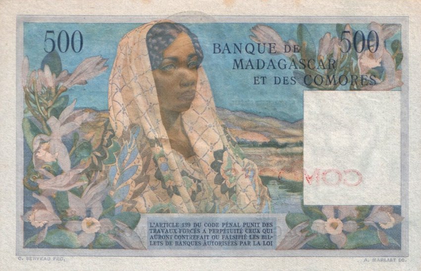 Back of Comoros p4a: 500 Francs from 1960