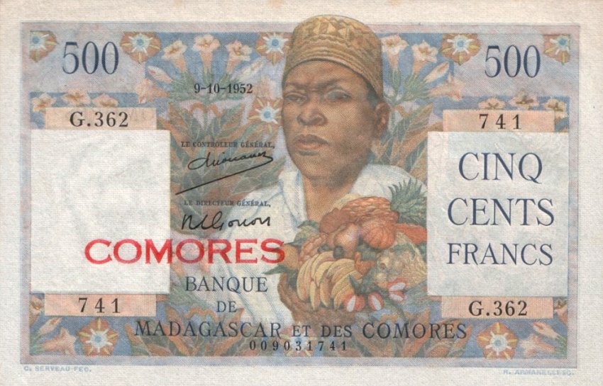 Front of Comoros p4a: 500 Francs from 1960