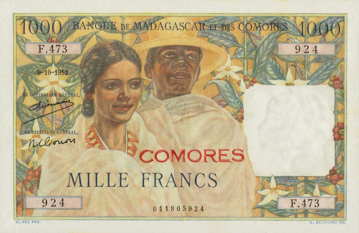 Front of Comoros p5a: 1000 Francs from 1960