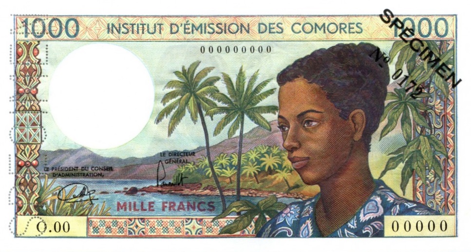 Front of Comoros p8s: 1000 Francs from 1976