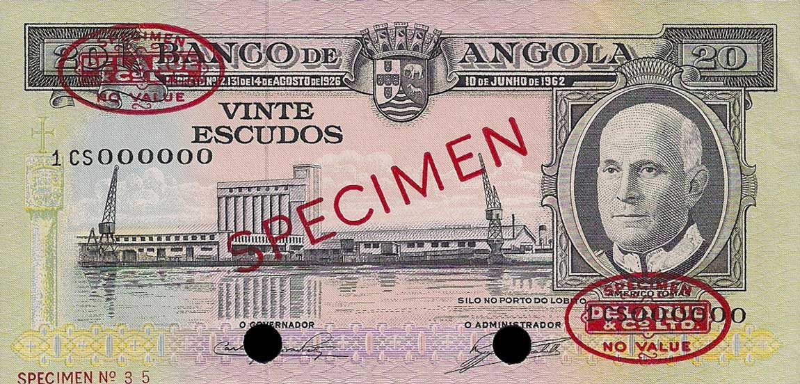 Front of Angola p92s: 20 Escudos from 1962