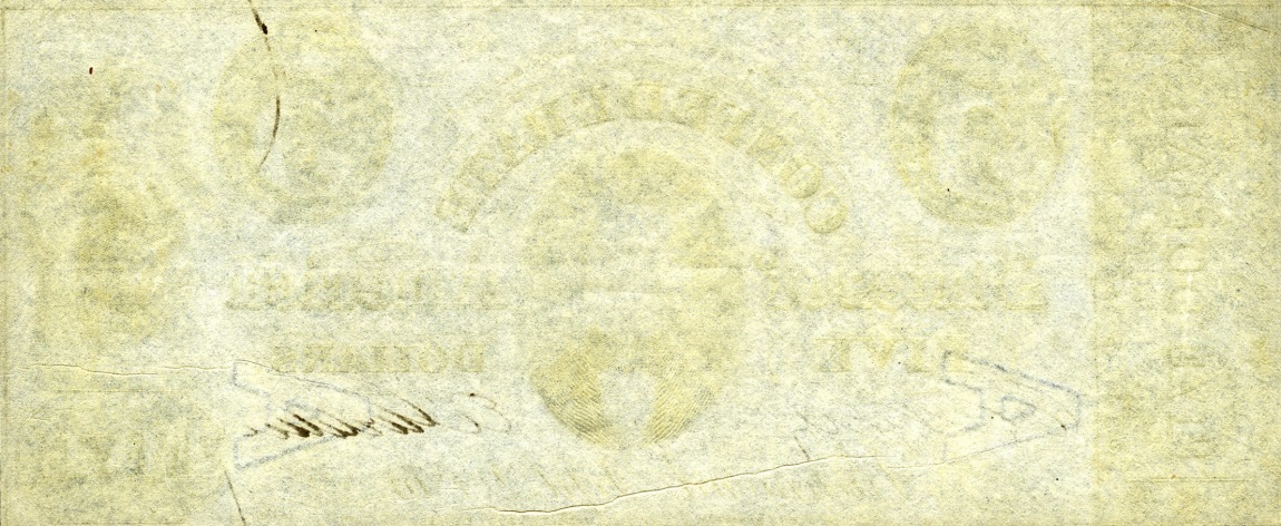 Back of Confederate States of America p17b: 5 Dollars from 1861