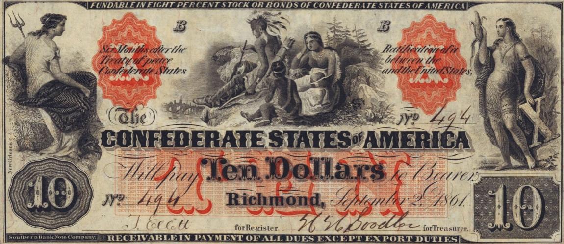 Front of Confederate States of America p21: 10 Dollars from 1861