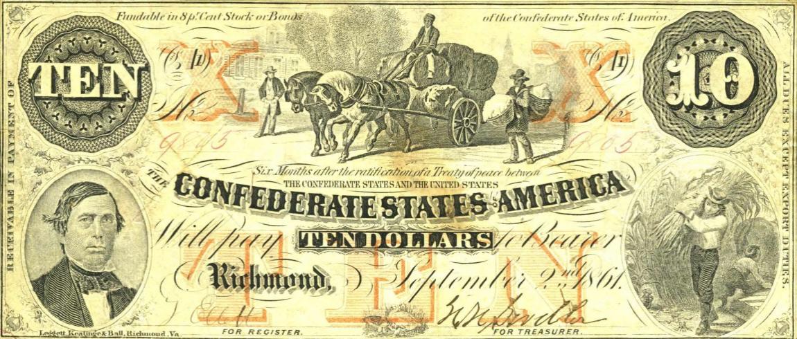 Front of Confederate States of America p22: 10 Dollars from 1861