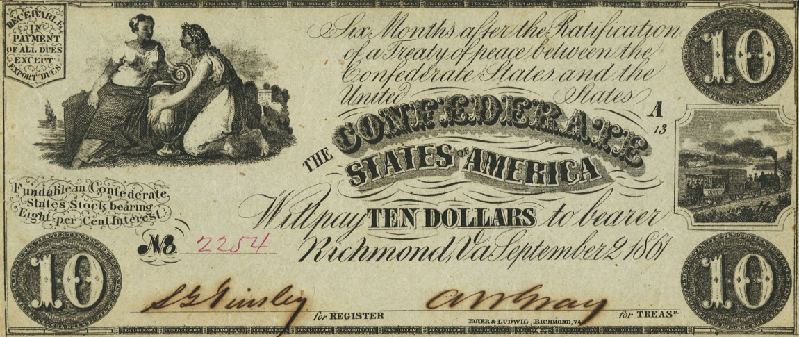 Front of Confederate States of America p27b: 10 Dollars from 1861