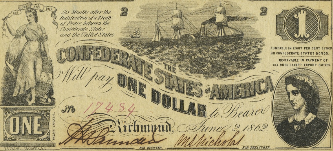Front of Confederate States of America p39: 1 Dollar from 1862