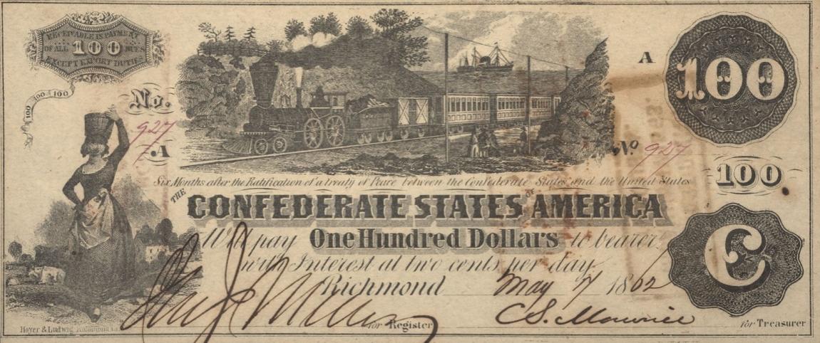Front of Confederate States of America p43a: 100 Dollars from 1862