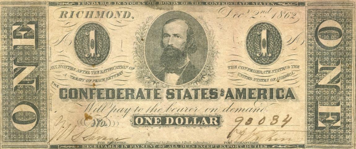 Front of Confederate States of America p49b: 1 Dollar from 1862