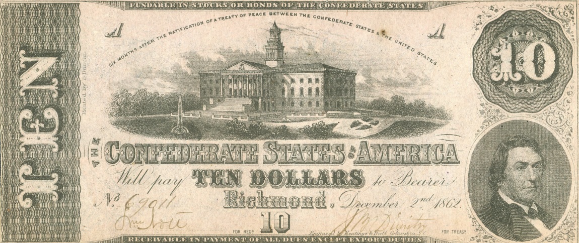 Front of Confederate States of America p52a: 10 Dollars from 1862