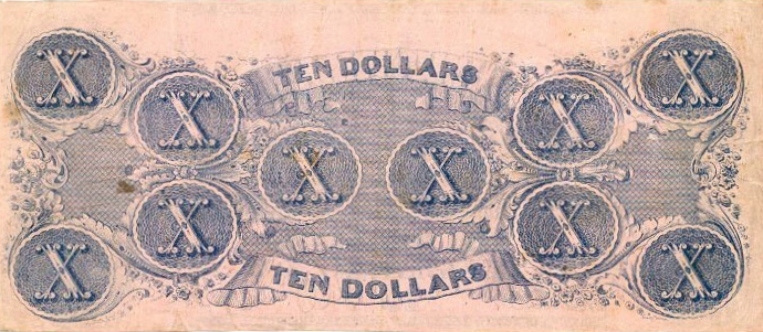 Back of Confederate States of America p52d: 10 Dollars from 1862
