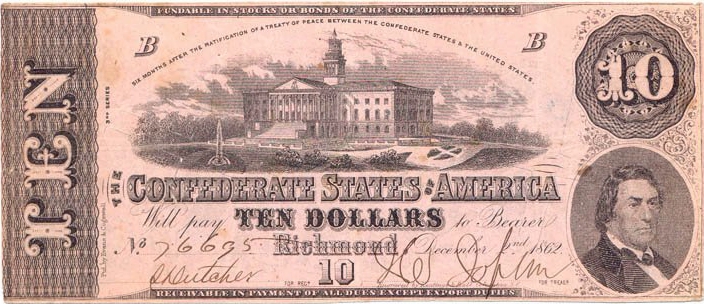 Front of Confederate States of America p52d: 10 Dollars from 1862