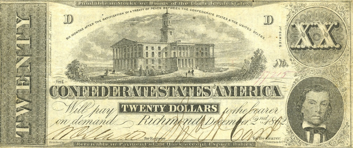 Front of Confederate States of America p53a: 20 Dollars from 1862