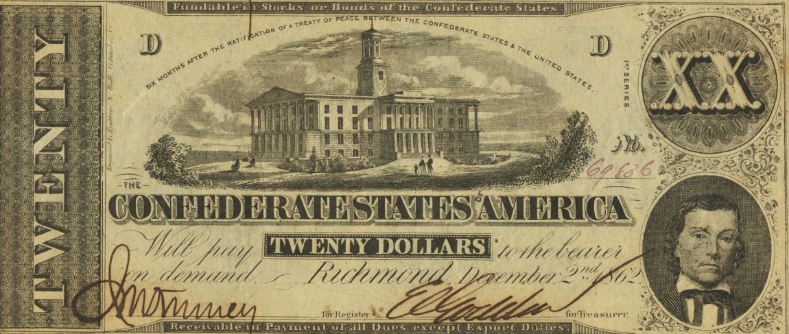 Front of Confederate States of America p53c: 20 Dollars from 1862