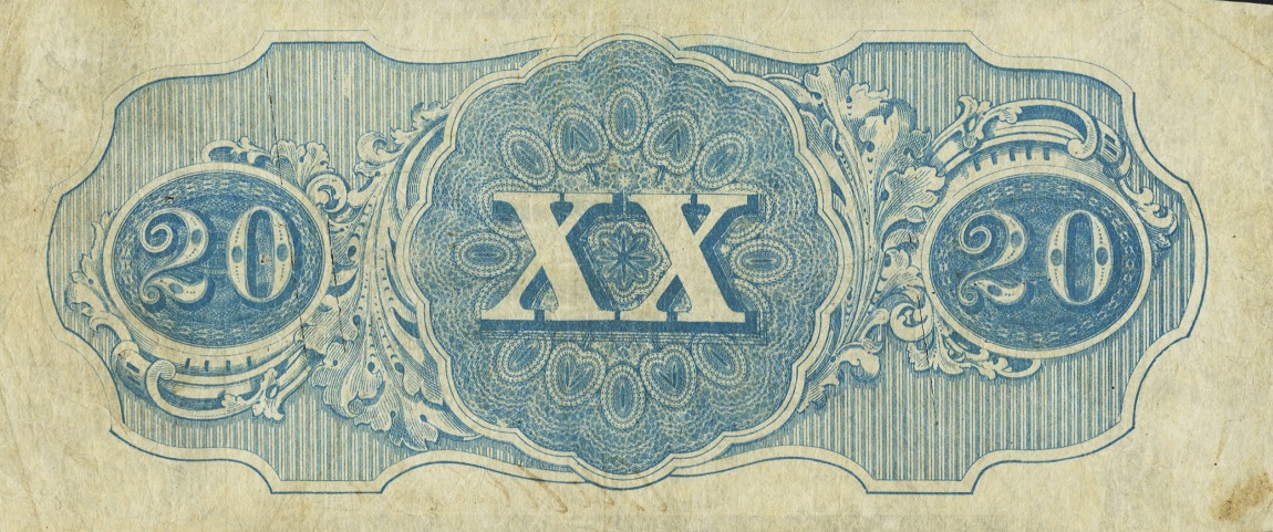 Back of Confederate States of America p53d: 20 Dollars from 1862