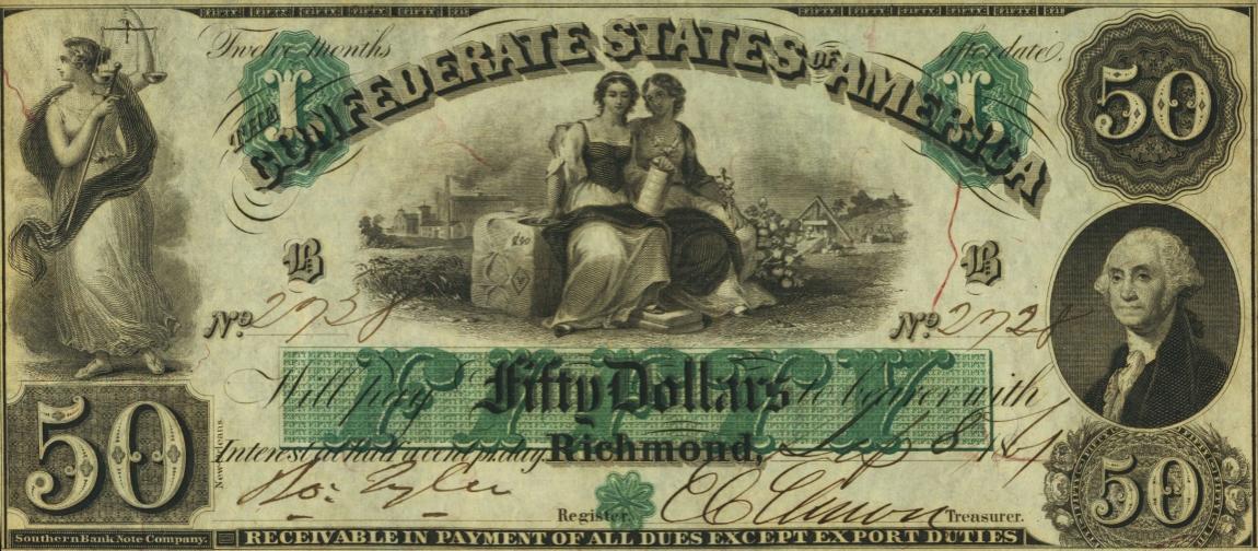 Front of Confederate States of America p5: 50 Dollars from 1861