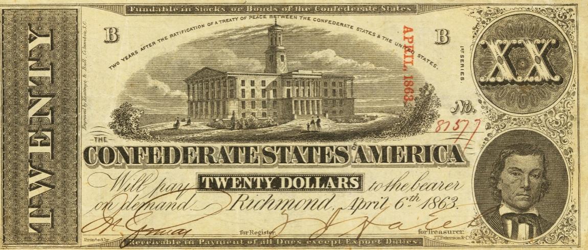 Front of Confederate States of America p61c: 20 Dollars from 1863