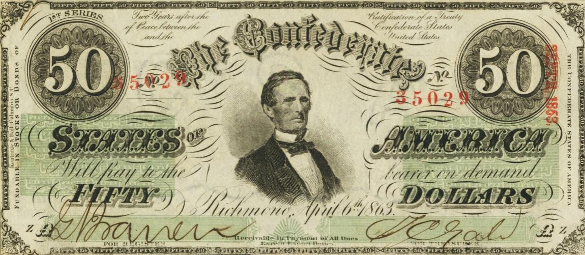 Front of Confederate States of America p62b: 50 Dollars from 1863