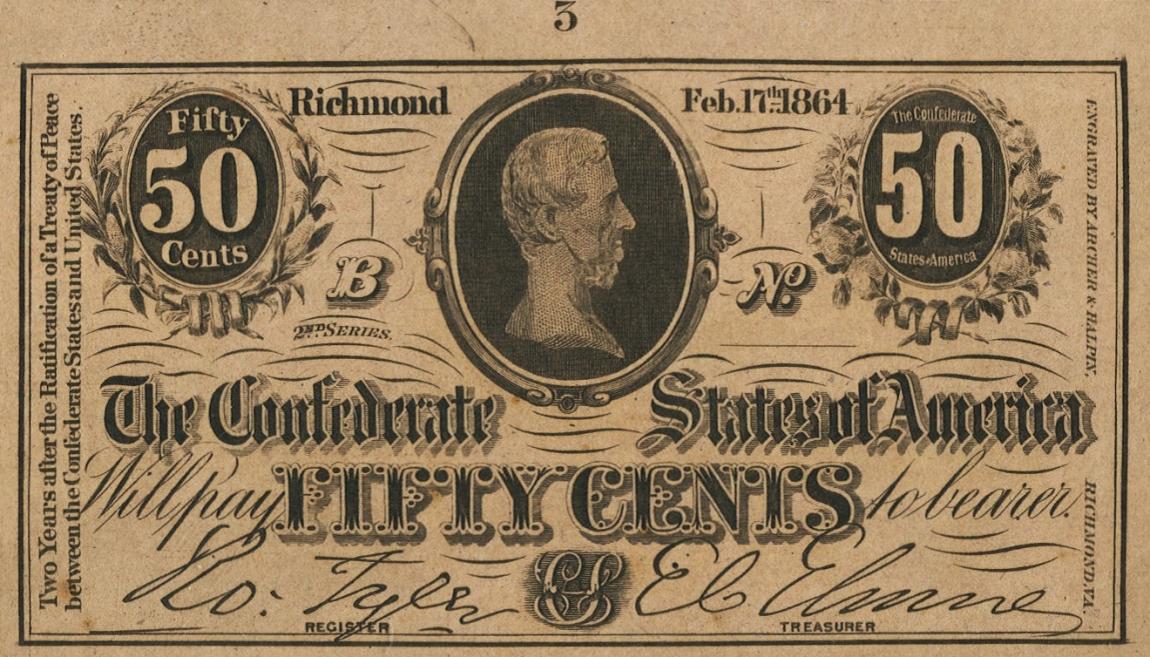 Front of Confederate States of America p64b: 50 Cents from 1864