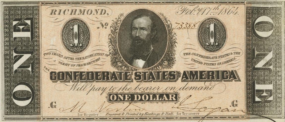 Front of Confederate States of America p65b: 1 Dollar from 1864
