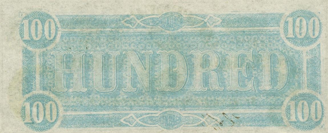 Back of Confederate States of America p72: 100 Dollars from 1864