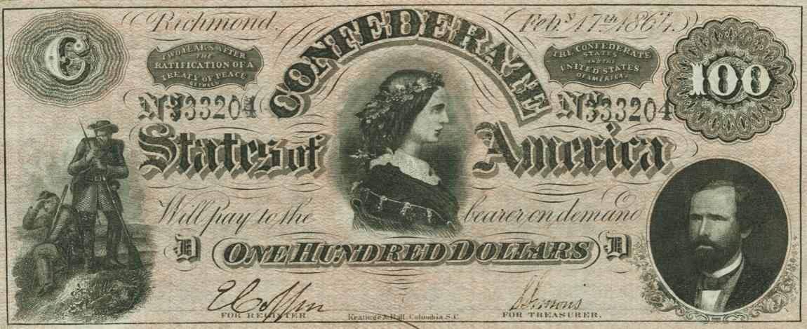 Front of Confederate States of America p72: 100 Dollars from 1864