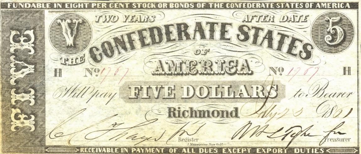 Front of Confederate States of America p7: 5 Dollars from 1861