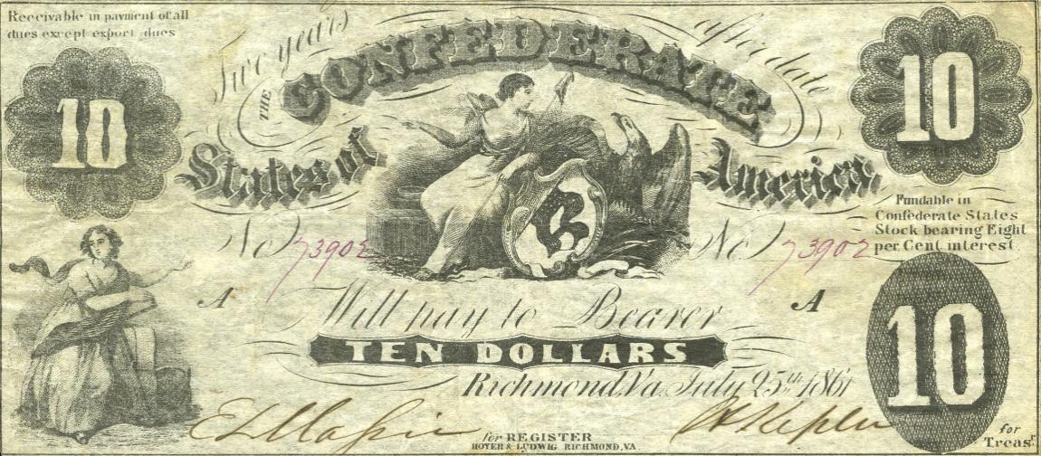 Front of Confederate States of America p9: 10 Dollars from 1861