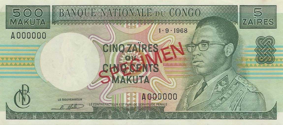 Front of Congo Democratic Republic p13s2: 5 Zaires from 1968