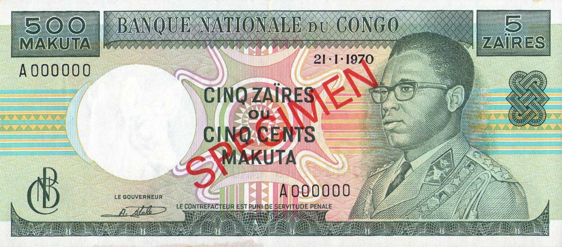 Front of Congo Democratic Republic p13s3: 5 Zaires from 1970
