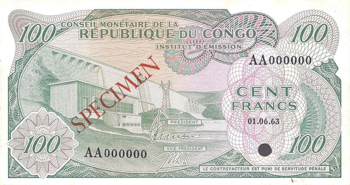 Front of Congo Democratic Republic p1s: 100 Francs from 1963