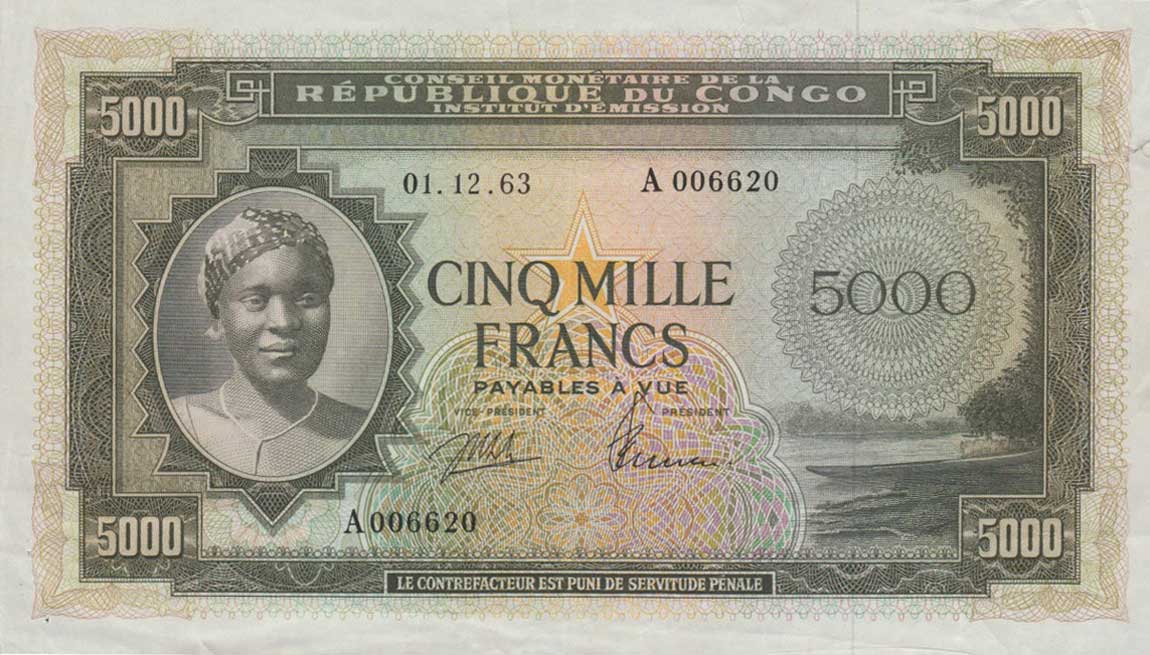 Front of Congo Democratic Republic p3a: 5000 Francs from 1963