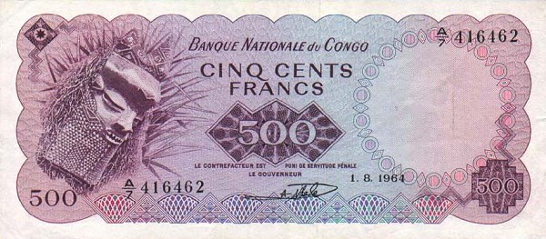 Front of Congo Democratic Republic p7a: 500 Francs from 1961