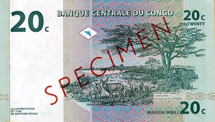 Back of Congo Democratic Republic p83s: 20 Centimes from 1997