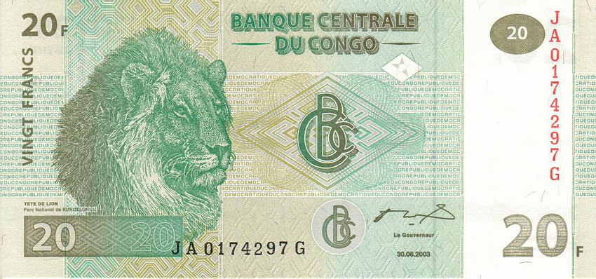 Front of Congo Democratic Republic p94a: 20 Francs from 2003