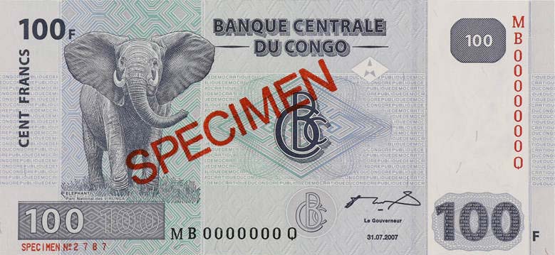 Front of Congo Democratic Republic p98As: 100 Francs from 2007