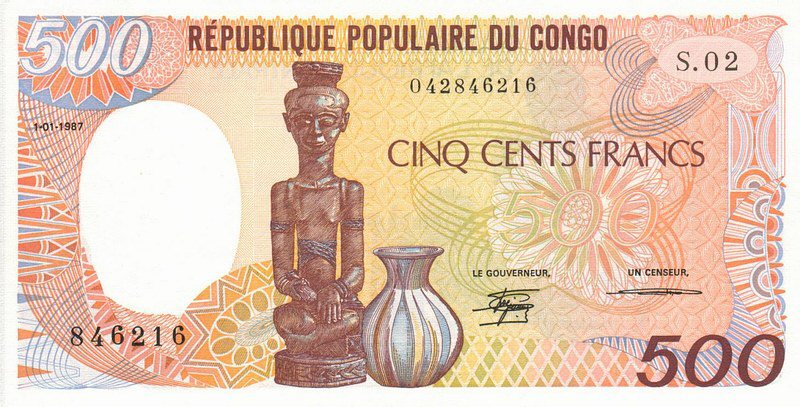 Front of Congo Republic p8a: 500 Francs from 1985